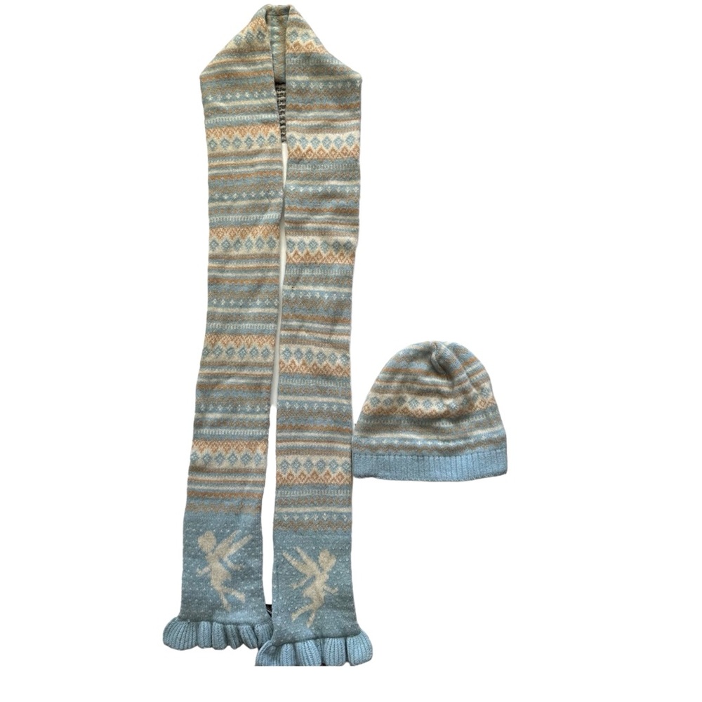 Disney Tinkerbell Knit Striped Scarf Beanie Winter Hat Blue Beige
